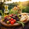 Mediterranean brunch with delicious tomatoes, ciabatta, olives, rosemary and cheese in an olive garden. Generative AI