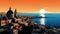 A mediterranean cityscape with a sunset and a large body of water, AI