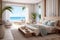 Mediterranean coastal home bedroom king size bed natural wood finish lounge suite woven rug large patio windows Generative AI