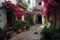 Mediterranean Courtyard Terracotta Pots, Vibrant Bougainvillea, Cobblestone Pathways. Generative AI