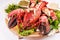 Mediterranean cuisine, lobster stuffed with cabbage, greens and sauces