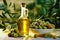 Mediterranean Delicacies: Olive Oil in Elegant Bottle, Ripe Olives, Olive Branches - Generative AI