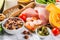 Mediterranean diet concept - meat, fish, fruits and vegetables