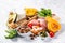 Mediterranean diet concept - meat, fish, fruits and vegetables