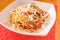 Mediterranean dish of spaghetti, feta cheese, aubergine egg pla