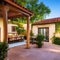 Mediterranean Escape: A Mediterranean-style courtyard with terracotta tiles, a pergola draped in vines, and a mosaic fountain fo