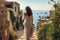 Mediterranean Escape: Woman Admires Ancient Coastal Beauty