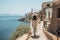 Mediterranean Escape: Woman Admires Ancient Coastal Beauty
