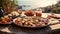 A Mediterranean feast featuring a spread of grilled kebabs