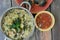 Mediterranean food with pasta, sauce and whole rapana, flat lay