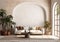 Mediterranean gate wall with large arched windows, Santorini Interior of modern living room with sofa, coffee table,