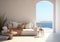Mediterranean gate wall to the sea view, Santorini Interior of modern living room or hotel