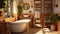 Mediterranean home interior bathroom, featuring warm colors, terracotta tiles, heavy wooden furniture, rustic elements