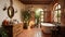 Mediterranean home interior bathroom, featuring warm colors, terracotta tiles, heavy wooden furniture, rustic elements