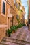 Mediterranean houses at street of Fornalutx village, Majorca Spain