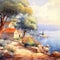 Mediterranean landscape image in watercolor.