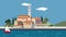 Mediterranean landscape, little town, resort with beach, sea waves, running clouds and sailing boat. Flat cartoon looped