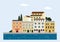 Mediterranean landscape by sea. Italian or Croatian town with colorful old houses. Flat design. Vector illustration.