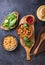 Mediterranean mezze board with  hummus, beans, spinach . top view