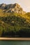 An Mediterranean mountain in lake, vertical photo with pines