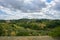 Mediterranean scenery in Tuscany with green hills and olive trees and isolated manor houses