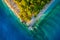 Mediterranean sea. Aerial view on the beach and people. Beach and blue water. Top view from drone at beach and azure sea.