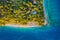 Mediterranean sea. Aerial view on the beach and people. Beach and blue water. Top view from drone at beach and azure sea.