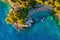 Mediterranean sea. Aerial view on the beach and people. Beach and blue water. Top view from drone at beach and azure sea.