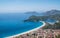 Mediterranean Sea bay breathtaking view on Oludeniz harbor - Lycian Way trekking walk starting point. Famous Likya Yolu Turkish