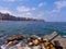 The mediterranean sea coast at Alexandria, Egypt. Background is a skyline of the city buildings