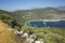 Mediterranean sea coast, Nature of Turkey, Firnaz bay in Kalkan district, View from Lycian way hiking trail, White sailing boats