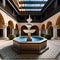 A Mediterranean-style outdoor courtyard with a central fountain, mosaic tiles, and wrought iron furniture5