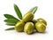 Mediterranean Treasures: Isolated Green Olives with Leaves on White Background - A Taste of Tradition