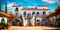 Mediterranean villa-inspired residential exterior featuring terra cotta roof tiles, arched windows, and a courtyard.