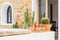 Mediterranean villa, wall of large pieces of local sandstones, cacti of various shapes, sizes and types in pots