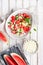 Mediterranean watermelon salad with Feta cheese, cucumber and mint leaves