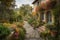 mediterrean house exterior with lush garden, colorful blooms and stone pathways