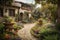 mediterrean house exterior with lush garden, colorful blooms and stone pathways