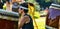 Medium Old Taiko drummer sits on the lawn in front of her drum and beats the instrument during a performance in a public park