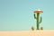 Medium shot of a lone cactus wearing a tiny sombrero standing tall in a summer minimalist desert