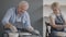 Medium shot of middle aged ceramic artist teaching group elderly Caucasian woman and senior man how to wedge clay