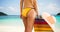 Medium shot of a young white girl standing next to her lounge chair in her yellow bikini