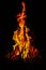 Medium view of orange-colored big campfire flame in peak stage