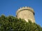 Medival castle tower among green trees