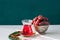 Medjoul kurma in a vintage bowl and glass of turkish tea