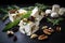 Medley of sweet and salty cubes of creamy burrata and variety of herbs and nuts