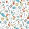 Meds, drugs, pills, bottles and health care medical elements. Color seamless pattern