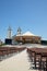 MEDUGORJE, BOSNIA AND HERZEGOVINA - JULY 4, 2016: Benches and altar behind the parish church of St. James, the shrine of Our Lady