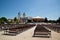 MEDUGORJE, BOSNIA AND HERZEGOVINA - JULY 4, 2016: Benches and altar behind the parish church of St. James, the shrine of Our Lady