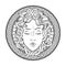 Medusa Gorgon head on a shield hand drawn line art and dot work tattoo or print design isolated vector illustration. Gorgoneion is